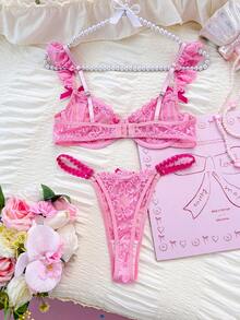 PetitDoll 2pcs/Set Lace Bra With Ruffle Strap + Lace Panty With Bow, Sweet & Cute Lingerie Set, Suitable For Daily Wear - Pink - View 2