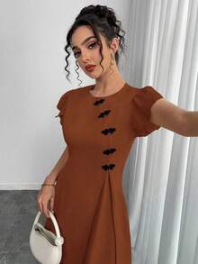 SHEIN ChicEase Đầm ngắn tay cài nút phong cách Trung Hoa cổ điển - Rỉ Nâu - Xem 6