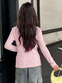 DAZY Girls Crew Neck Knit Thermal Lined Bow Print T-Shirt, Autumn - Pink - View 5