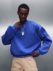 PLAYBOY X SUMWON Men's Crew Neck Pullover Sweatshirt With Contrast Stitching And Graphic Print For Casual Fall Winter Style - Blue - View 5