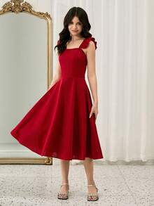 Robe de soirée élégante à col carré et manches courtes, couleur unie, pour adolescentes