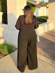 Truni Lacenleopard Elegant & Casual & Commuter Fitted Solid Black Sleeveless Wide Leg Plus Size Jumpsuit, For Pear Triangle Body Shape, For Body Shape, For Summer - Black - View 2