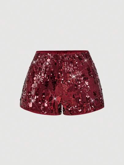 SHEIN MOD Shorts elegantes de mujer de unicolor con lentejuelas