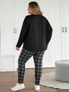 SHEIN CURVE+ 2 件套女士加大码法式返校运动装，简约纹理紧身裤和长袖上衣套装/秋冬 - 彩色 - 查看 6