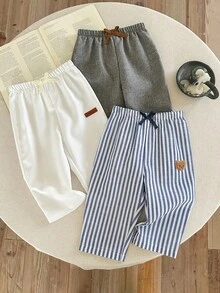 3pcs/Set Baby Boy Casual Versatile Striped Cartoon Pattern Elastic Waist Pants, Suitable For Birthday Party, Rave, Evening Party, Performance, Wedding, Baby's 1st Month, Christening, 1st Birthday Celebration, Wedding Guest, Baby Shower Christening Outfit Toddler Striped Pants Long Baby Pants For Boys Baby Boy Plain Pants Baby Boy Striped Pants