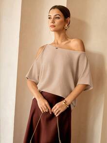 Lymera Nueva Camiseta de Manga Larga de Mujer de Moda Versátil, Minimalista, Elegante, Textura Acanalada, Cuello Asimétrico, Hombros Abiertos, Informal y de Negocios, Suave y Cómoda - Albaricoque - Ver 4