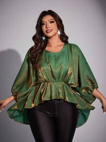 Viva Relle Plus Size Women's Elegant Date Night, Party, Daily, Commute, Music Festival Bat Wing Tie Waist Shiny Fabric Ruffle Design Blouse - Mint Green - View 2