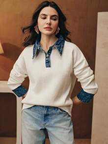 Anewsta 女士休闲优雅落肩长袖高领毛衣 - 白色 - 查看 6