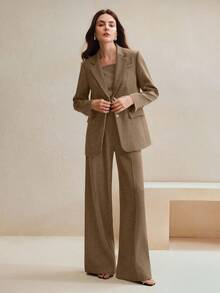 Anewsta Conjunto de traje de negocios de inspiración vintage para mujer - Blazer y pantalones de pierna ancha - Caqui - Ver 6