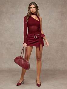 SHEIN BAE 女士时尚优雅纯色修身单肩缎带上衣 - 酒紅色 - 查看 2