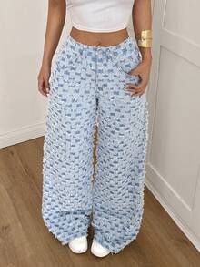 SHEIN PETITE 女士时尚格纹面料，毛边细节，毛边裤脚，直筒宽松中腰休闲牛仔裤，冬季圣诞新年派对浅色水洗格纹牛仔裤 - 中等水洗藍 - 查看 3