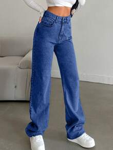 SHEIN Tall Snow Wash Straight Leg Jeans High Rise For Tall - Dark Wash - View 3