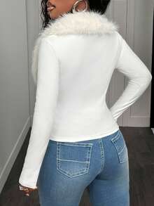 BamGleam 女士休闲纯色仿毛领拉链外套 - 白色 - 查看 2