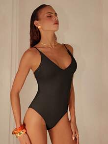 Bonvoyette 2026 Spring/Summer Black Spaghetti Strap Deep V-Neck Fitted Elegant Solid Color One-Piece Swimsuit For Women - Black - View 6