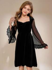 Tween Girls' Halloween Long Sleeve Lace Trim Black Dress - Black - View 3