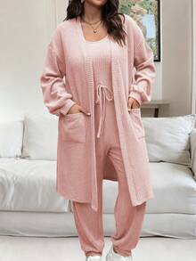 Vionelle 大码女式纯色落肩长袖外套和腰带连体裤休闲两件套 - 藕粉色 - 查看 6