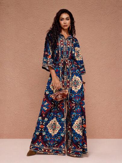 JIAN LASALA Combinaison longue pour femmes à manches chauve-souris, col, boutons devant, taille nouée, imprimé tout-sur-tout, style bohème décontracté. Combinaison longue fleurie pour femmes, tenue de mariage de plage pour invités