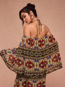 JIAN LASALA 多色印花雪纺露肩系带露背层叠波西米亚风长裙，波西米亚风女士露肩长裙，优雅长款波西米亚风连衣裙，度假装，波西米亚风穿搭，情人节连衣裙，波西米亚风情，海滩婚礼宾客装扮 - 彩色 - 查看 6