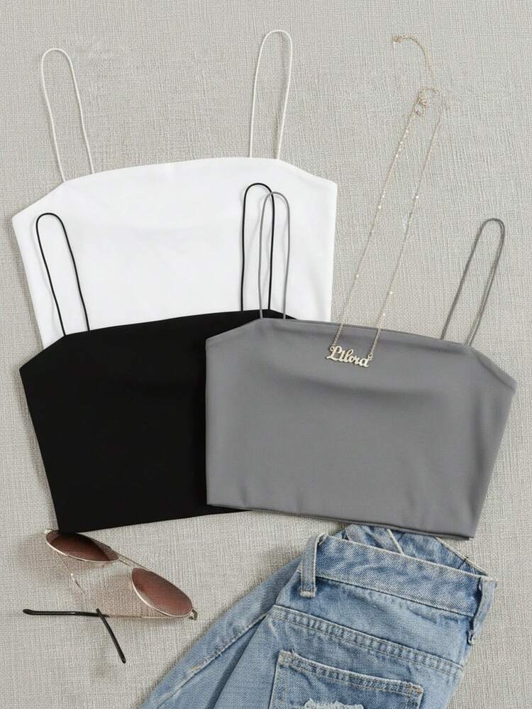 Paquete 3 piezas top corto de tirantes delgado unicolor set tres colores casual mujer - Gris - Añade 2