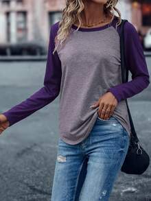 EMERY ROSE Colorblock Raglan Sleeve Tee Graphic Tees Women Tops - Purple - View 4