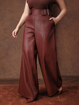 Anewsta Damen Große Größen PU Leder Hose, elegante Gürtel Dekoration, gerade geschnittene weite Hose, geeignet für Silvester, Weihnachtsoutfit
