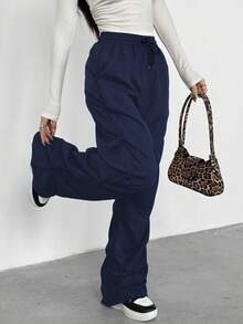 Sparklyn 少女休闲街头风格运动美式褶皱工装裤 - 藏蓝色 - 查看 4