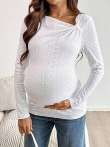 SHEIN Maternity Knit Textured Asymmetrical Neckline Long-Sleeved Slim-Fit T-Shirt, Maternity Top, Casual White Top, Maternity Wear, Maternity Shirt. Maternity Top. - White - View 3