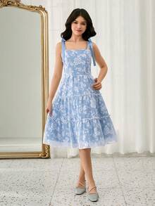 优雅碎花公主裙，无袖，方领，中长款，时尚少女连衣裙 - 藍色 - 查看 3