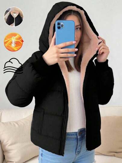 SHEIN Teen Girls' Loose Fit Thermal Lined Hooded Jacket, Suitable For Cold Weather, Winter Outerwear Fall
