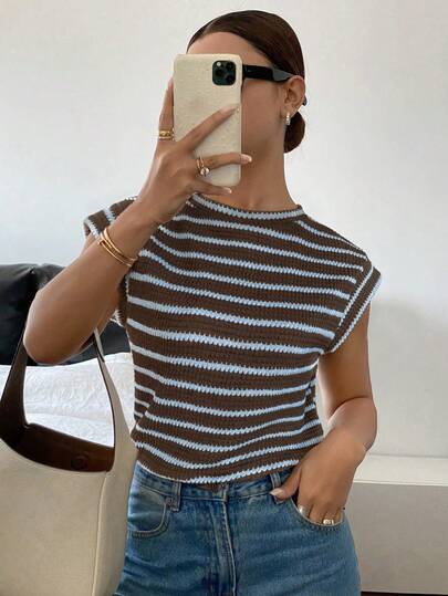 Siren Gaze Women's Striped Print Round Neck Casual Versatile Short Sleeve T-Shirt,Women's Retro American Casual College Style Blue & Brown Striped Knit Sleeveless T-Shirt, Minimalist Versatile, Hot Selling For Spring/Summer Outings And Daily Commute,Blue Top,Casual Blouses For Women,Holiday Outfits For Women,Summer Top,American College Style Contrast Color Striped T-Shirt