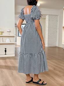 SHEIN Maternity Plaid Ruffle Hem Puff Sleeve Dress, Fashionable For Parties,Maternity Clothes - Black - View 2