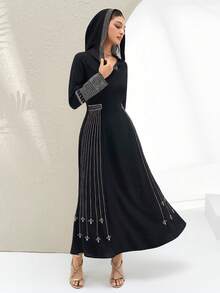 Al Najma 女士V领复古长袖收腰阿拉伯风长裙 - 黑色 - 查看 4