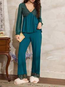 Côtesoire 女士撞色蕾丝长袖上衣和裤子优雅睡衣套装 - 墨綠色 - 查看 5