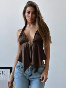 Aloruh Dây buộc kim loại trang trí bằng vải satin gợi cảm màu sâm panh dành cho nữ khi đi chơi và dự tiệc - Cà phê nâu - Xem 3