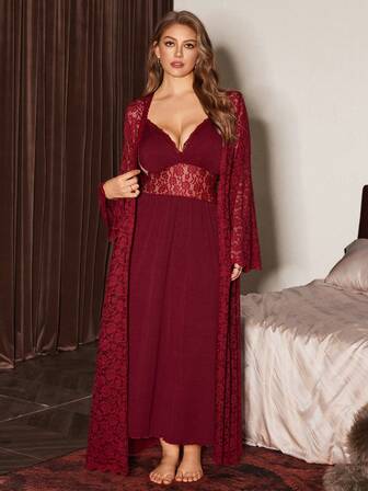 PalaceNights 1 Set Plus Size Lace Trim Long Sleeve Robe + V-Neck Backless Camisole Nightgown