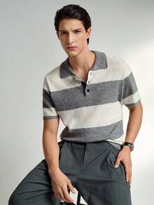 RONVEXI Men's Contrast Color Polo Collar Short Sleeve Casual Knit Top Men Buttoned Knitted Polo Grey Knit Short Sleeve Short Sleeve Mens Striped Polo Shirt Knitted Men Shirt