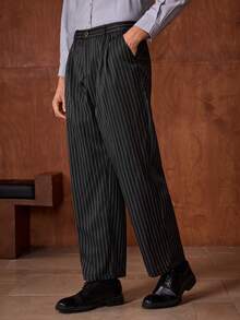 Officeau 男士条纹印花阔腿裤，配腰带，适合秋冬春夏穿着 - 黑色 - 查看 1