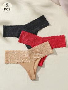 3 件套性感撞色蕾丝丁字裤女士内衣 - 彩色 - 查看 3