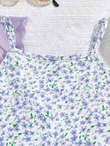 Vintaside Kids Conjunto de 2 peças com Top Casual de Verão com Acabamento em Alface e Nó na Frente e Vestido Camiseta com Estampa Floral Miúda para Meninas Pré-Adolescentes - Púrpura - Visão 3