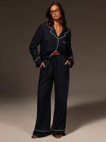 Athîral 女士休闲套装：立领单排扣长袖上衣和抽绳腰带口袋阔腿裤 - 藍色 - 查看 1