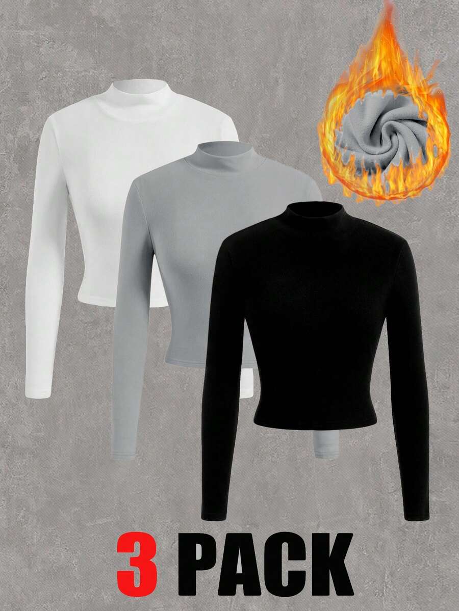 SHEIN EZwear 3 Stücke/Set Große Größen einfarbiges lässiges Rollkragen Langarm T-Shirt, Basic & vielseitig, Herbst/Winter - Verschiedenfarbig - Übersicht 1