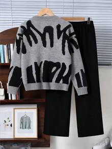 Sparklyn Autumn/Winter Knit Sweater Set For Women, Loose Casual Crew Neck Pullover Sweater And Wide Leg Pants2 Piecesce Outfit Sweater Pants Set Girls Sweater Sets Black And Grey Outfit Sweatshirt Straight Pants Suit Teen Girl Off Shoulder Loose Fit Collared Dress, Versatile For Home, Outing, Party, Back To School Off The Shoulder Dress Dress With Sleeves Mini Dress Knit Dress Cream Dress Girls Sweater Sets Teen Girl Brown Set Teen Two Piece Long Sleeve Set Tweens Two Piece Set Girl Knit Set 2 Piece Set Women Girls Sweater Sets Teen Girls Loungewear Set Sweatshirt Straight Pants Suit Tween Girl Two Piece Set Teen Girl Girl Knit Set Girls Autumn Outfits Girl Clothes Autumn And Winter Clothes Long Sleeve Knit Top And Pants Set Ribbed Knit Two Piece Set Teen Knit Set - Black and White - View 2