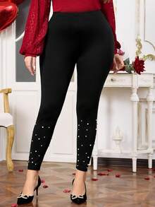 EMERY ROSE Damskie legginsy z ozdobnymi perłami w dużych rozmiarach, uniwersalne, do noszenia na co dzień