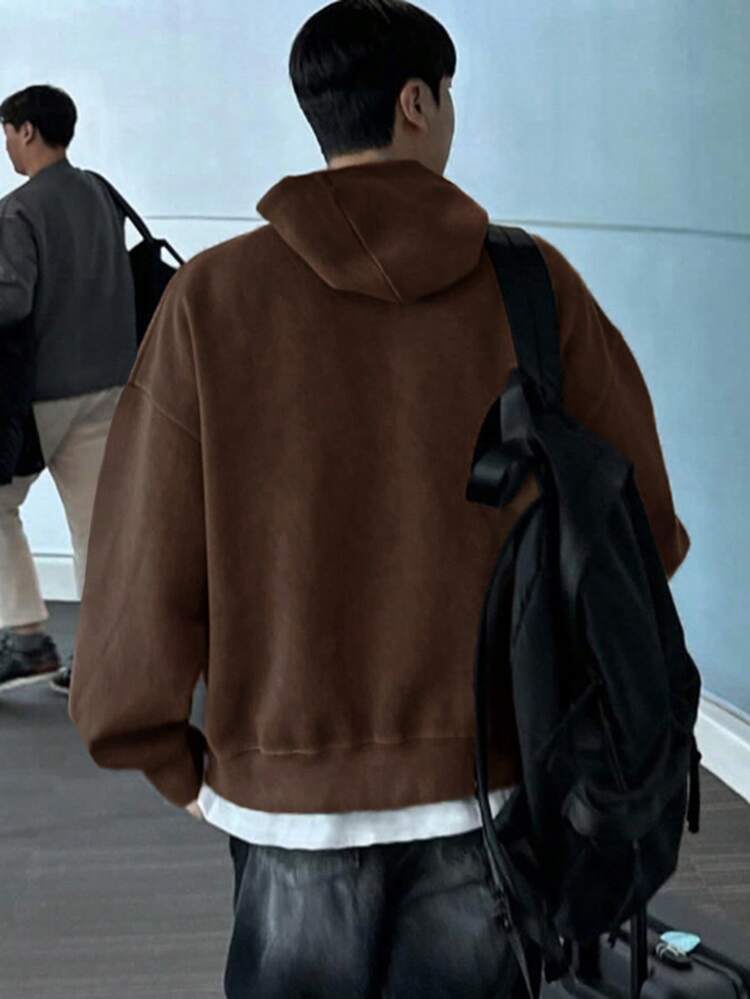 Men's Autumn/Winter Thermal Lined Letter Embroidered Hoodie, Brown