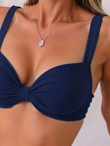 SHEIN Swim 2pcs/Set New Solid Color Thick Strap High Cut Thong Bikini Women Swimwear Beach Vacation Set For Summer - Navy Blue - View 3