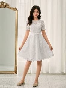 Teens' Round Neck Short Sleeve Cinching Waist Lace Patchwork Dress, Elegant & For Christmas Party