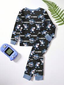 男童睡衣套装，修身款，卡通鲨鱼印花，长袖上衣和裤子，春秋季 - 黑色 - 查看 2