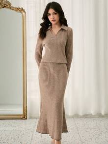 Teen Girl Elegant V-Neck Long Sleeve Dress,Mermaid Silhouette Maxi Khaki Ribbed Knit Brown,Autumn,Casual,Holiday Color Blocking Design On Hem,Spring - Khaki - View 7