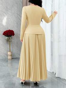 Modelyn Women's Elegant Square Collar Floral Decor Pleated Hem Dress, Spring/Autumn - Butter Yellow - View 2
