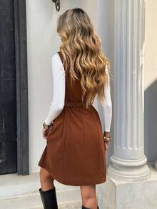 SHEIN Frenchy French Retro Corduroy Vest Dress For Women, New Spring/Summer Style, Elegant And Slimming V-Neck Button-Down Waist Dress. Women's Solid Color V-Neck Sleeveless Corduroy Elegant Short Dress Summer ,Spring ,Valentine's Day, Beach , Wedding,Birthday,Going Out, Elegant , Casual, Vacation, Brown Holiday Resort - Brown - View 2
